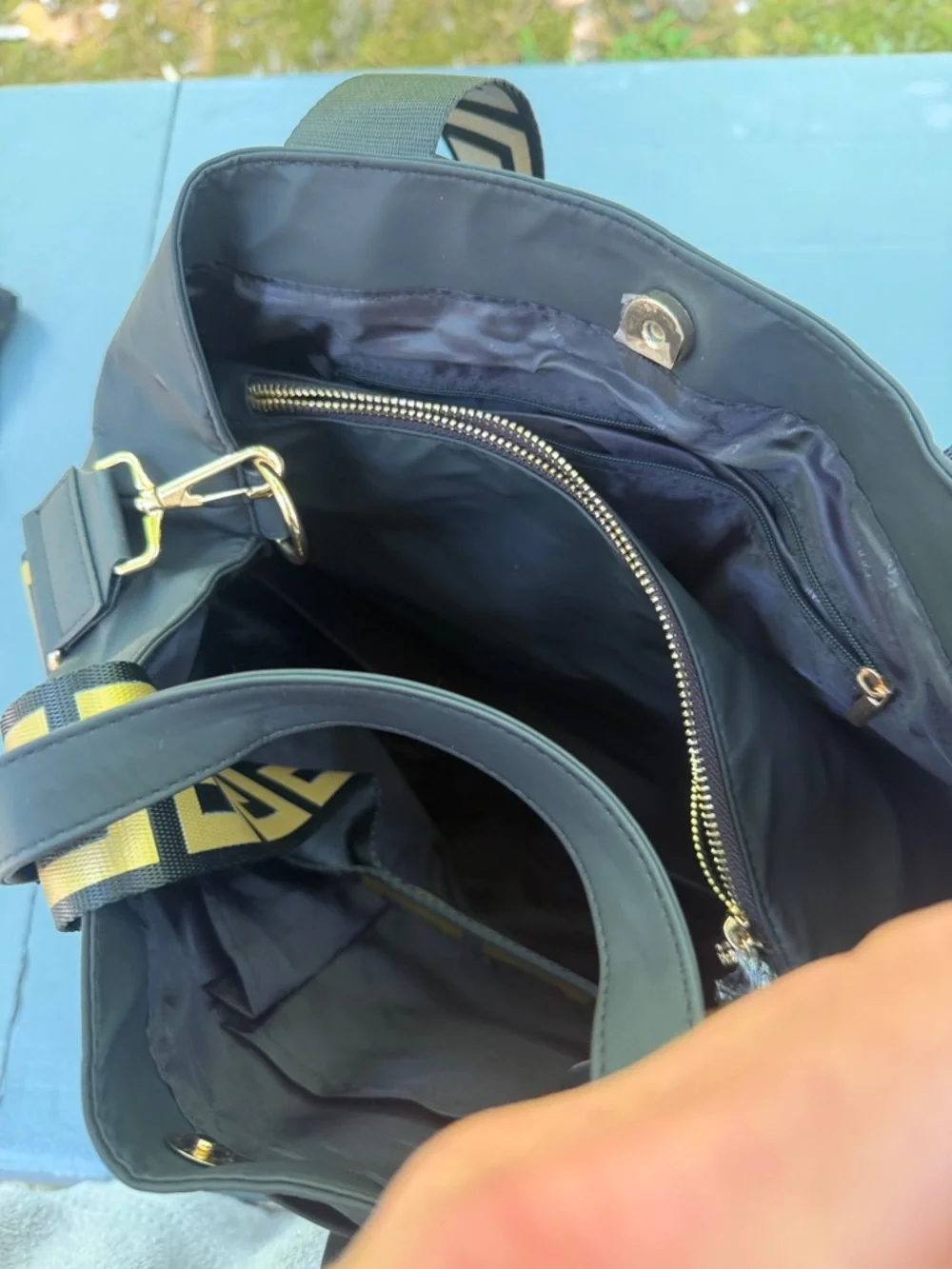 Versace Parfums Black Messenger Bag with Yellow Accents